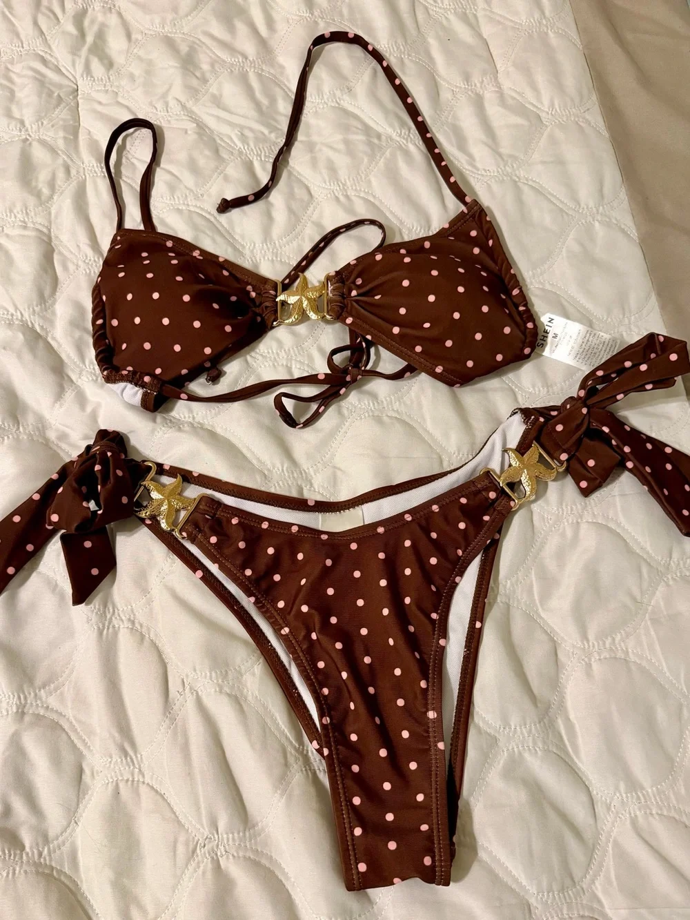 SHEIN Brown Polka Dot Tie-Side Bikini with Pink Dots